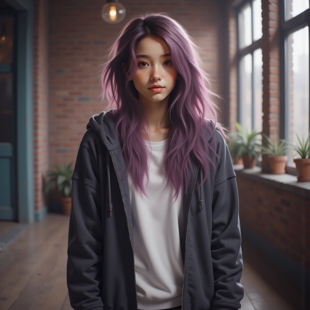 Zu stands in a modern loft, purple hair flowing — ZU × ORI