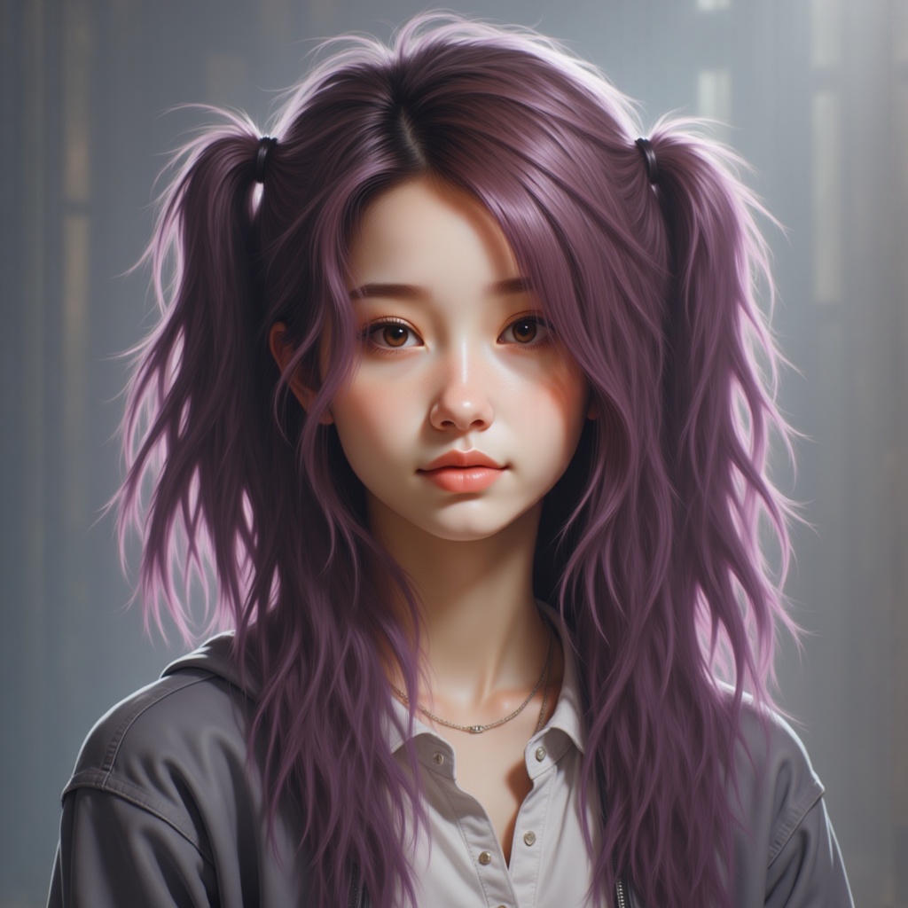 Zu gazes intently, purple hair framing her face — ZU × ORI