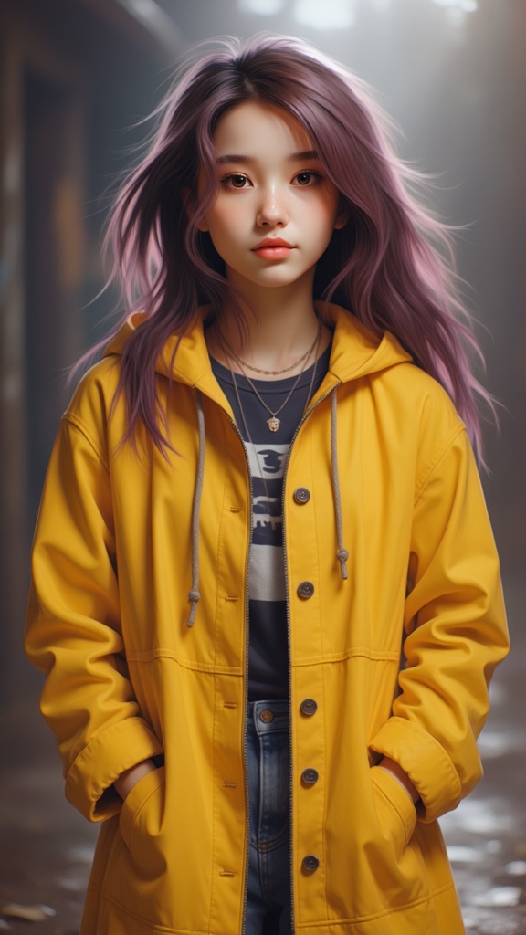 Zu stands in a yellow raincoat, purple hair flowing — ZU × ORI