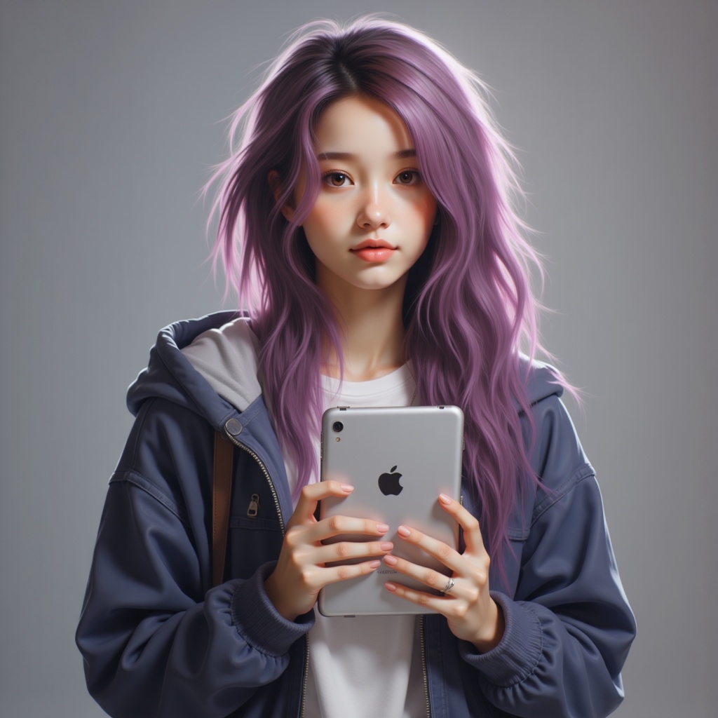 Zu holds tablet, wearing blue windbreaker, vibrant purple hair — ZU × ORI