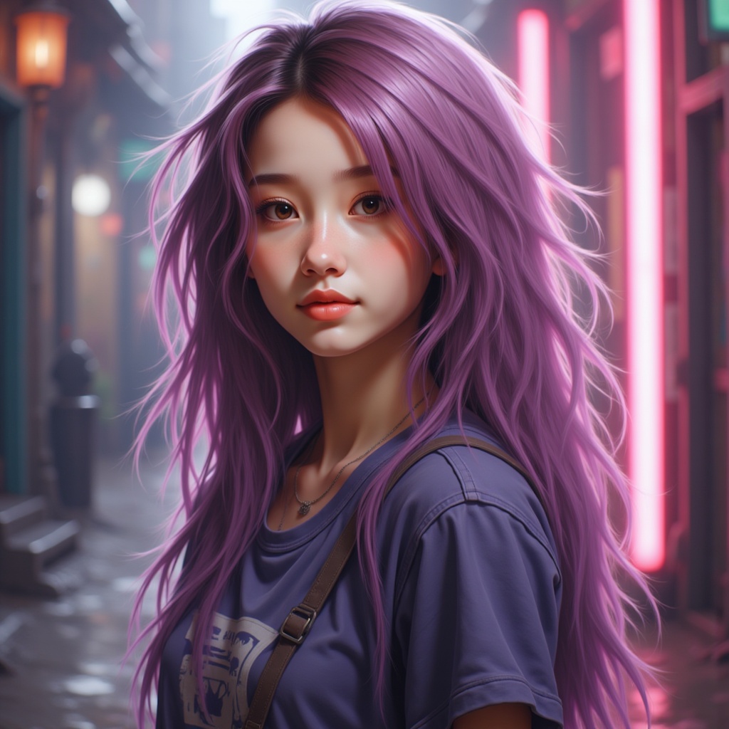 Zu with luminous purple hair in neon-lit alleyway — ZU × ORI