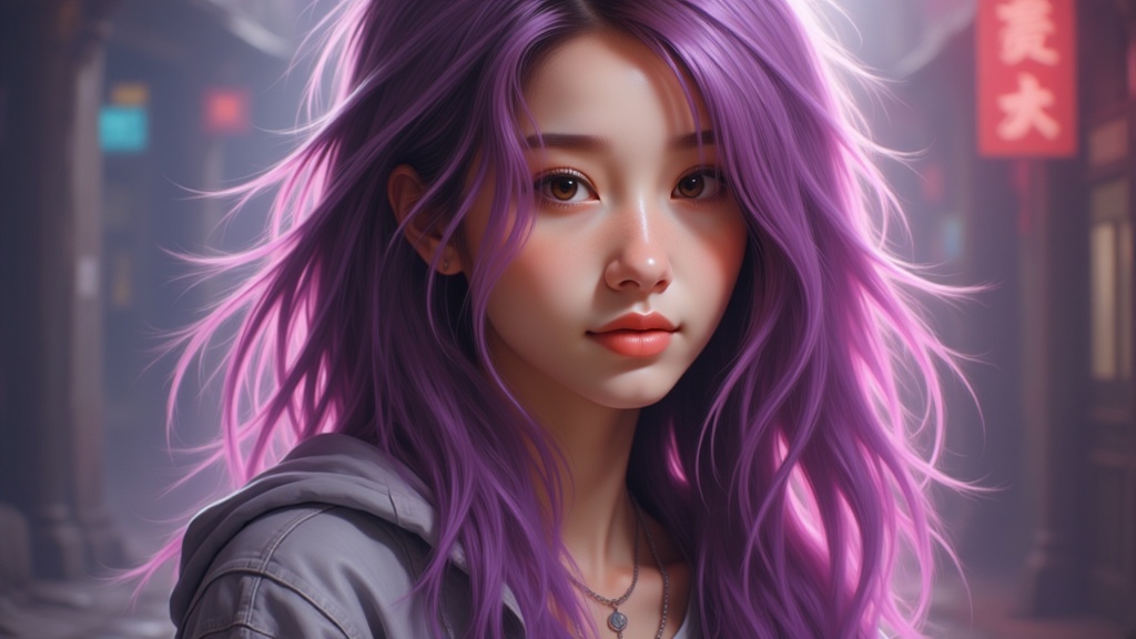 Zu stands in a neon-lit street with vibrant purple hair — ZU × ORI