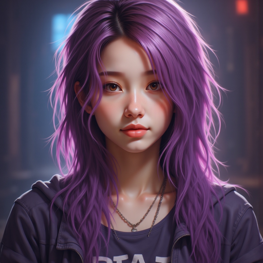 Zu gazes softly, vibrant violet hair framing her face — ZU × ORI