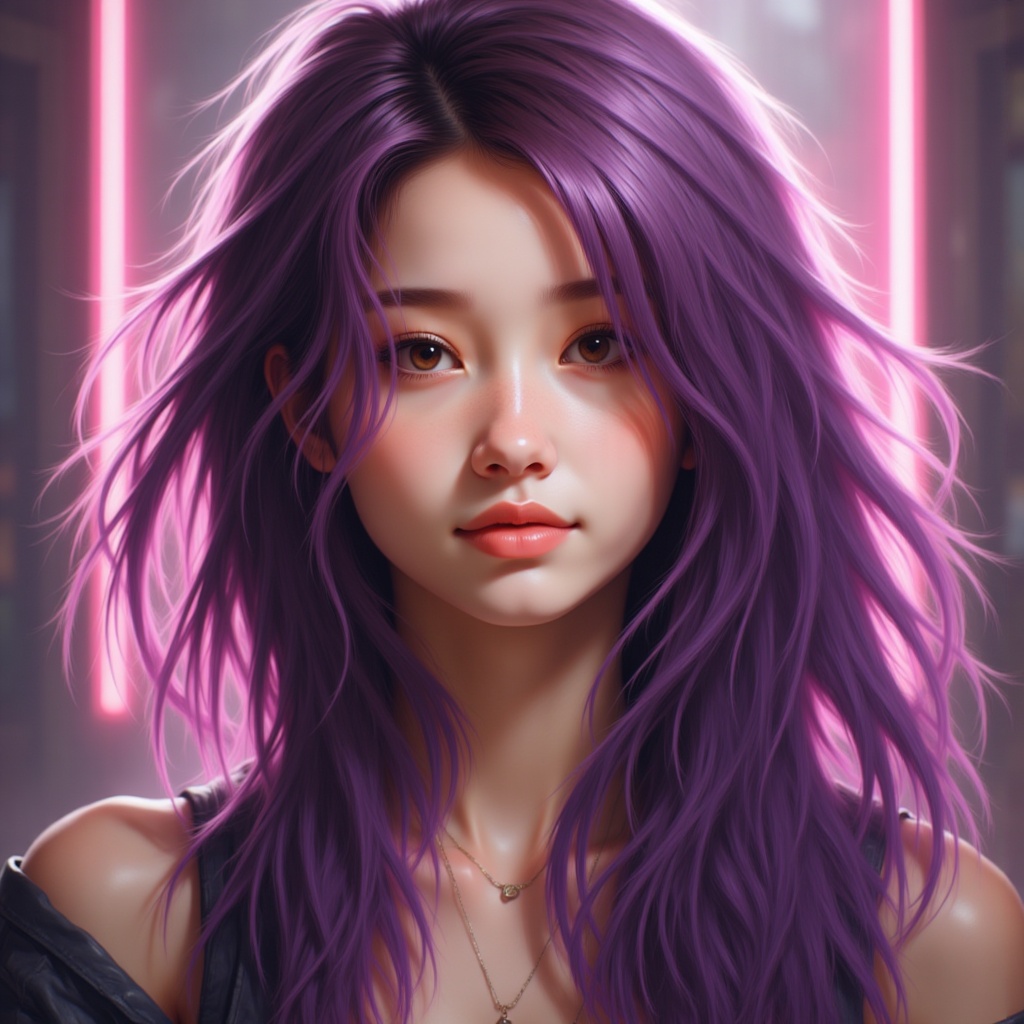 Zu gazes softly, her purple hair illuminated by neon glow — ZU × ORI