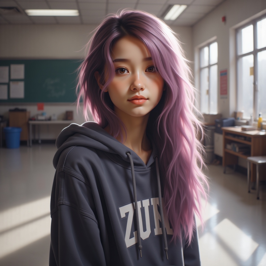 Zu with flowing lavender hair stands in a sunlit classroom — ZU × ORI