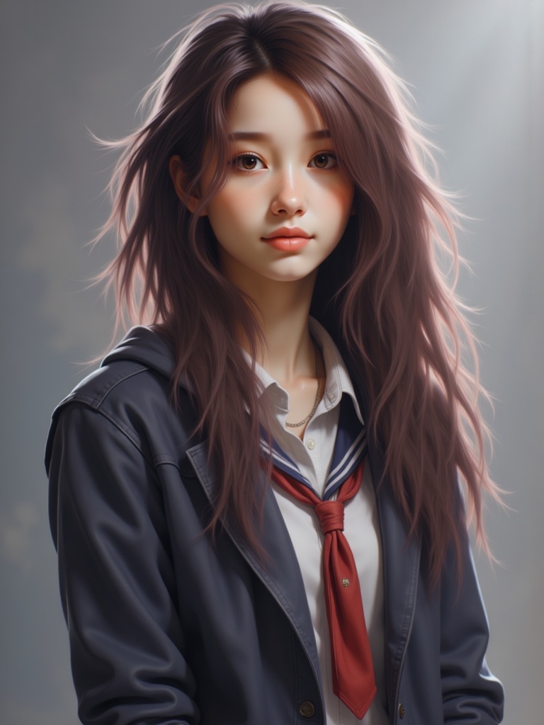 Zu stands confidently in a school uniform, gentle lighting — ZU × ORI