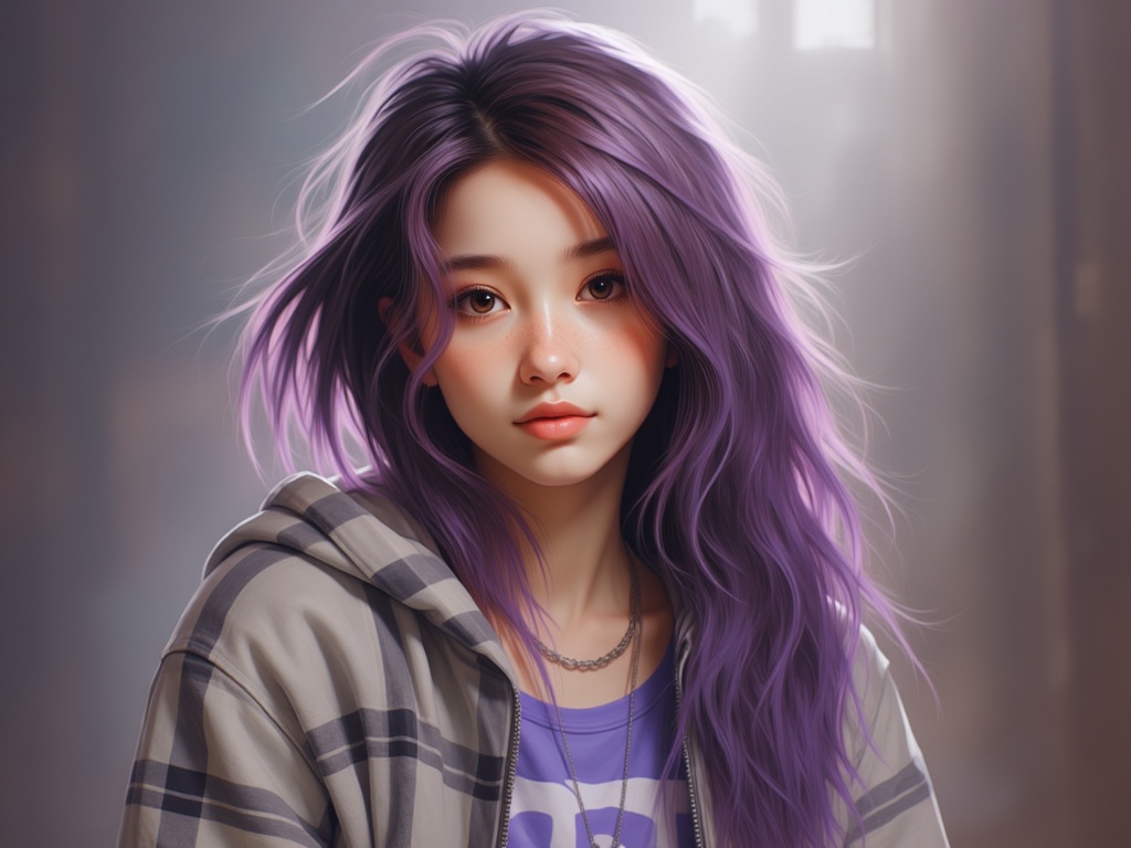 Zu gazes forward, purple hair cascading gently — ZU × ORI