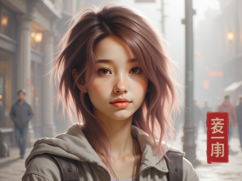 Zu stands poised in misty cityscape, soft hues illuminate — ZU × ORI