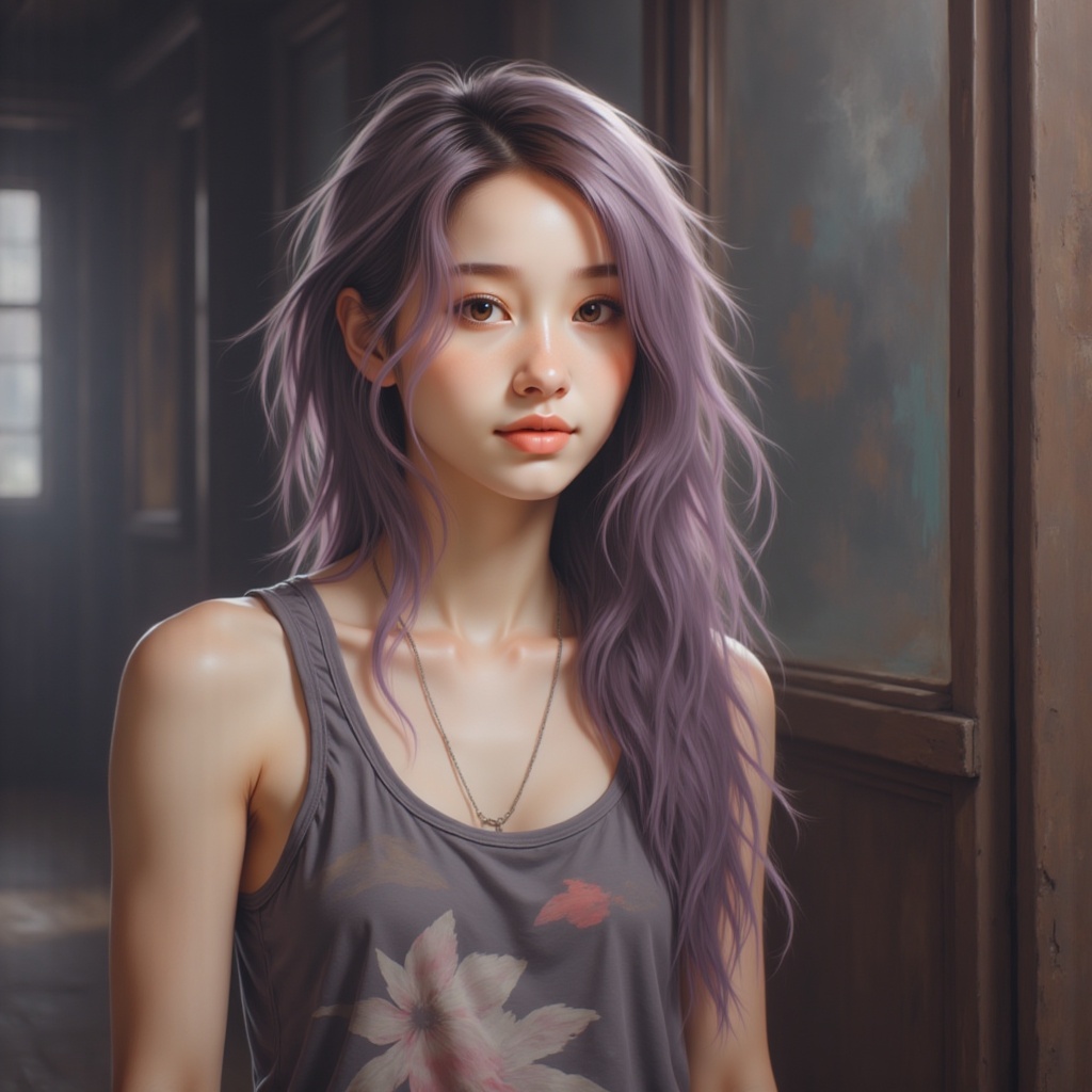 Zu stands calmly in floral tank top, purple hair flowing — ZU × ORI