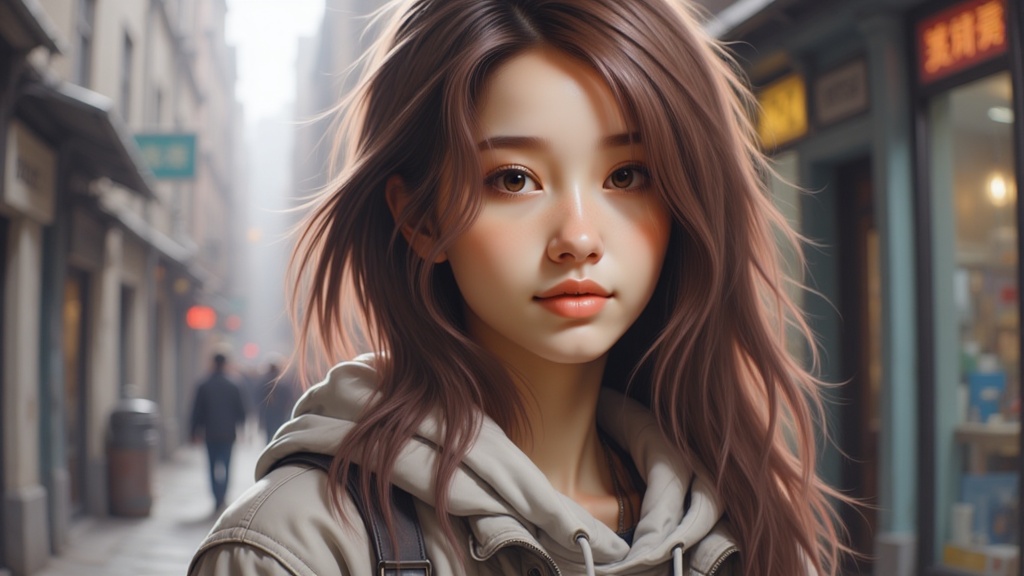Zu stands in bustling alleyway, her gaze introspective — ZU × ORI