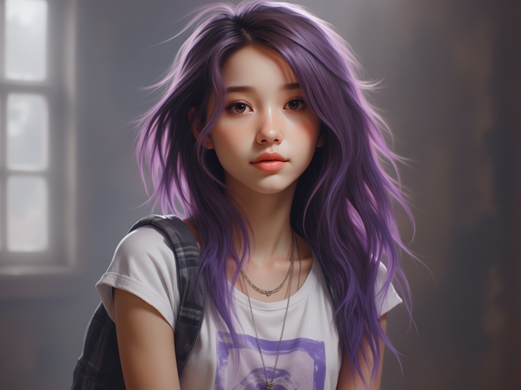 Zu gazes intently, purple tresses framing her face — ZU × ORI