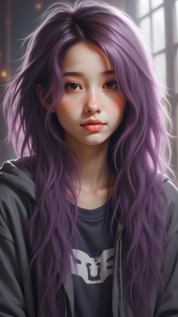Zu with flowing purple hair, wearing a grey hoodie — ZU × ORI
