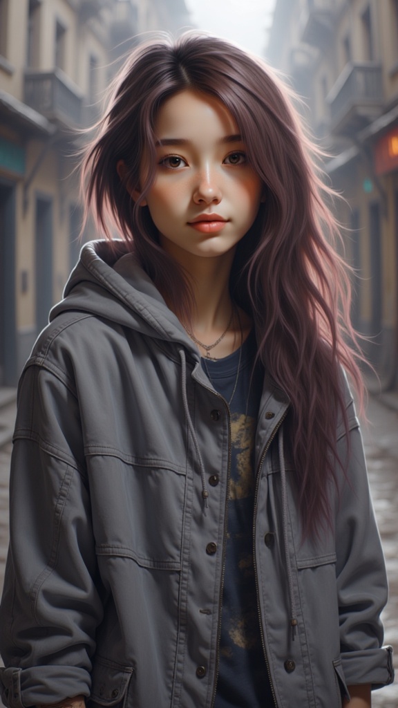 Zu stands in a misty alleyway, wearing a grey overcoat — ZU × ORI