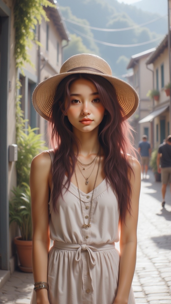 Zu stands in sunlit alley wearing wide-brim straw hat — ZU × ORI