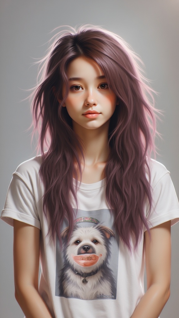 Zu with flowing lavender hair, wearing a dog print tee — ZU × ORI