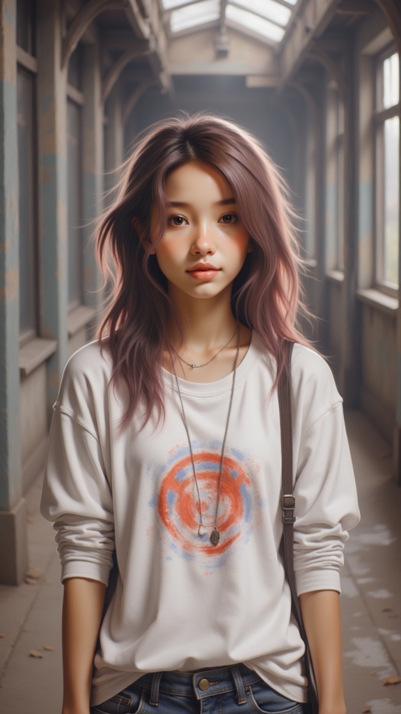 Zu stands in a sunlit hallway, wearing a graphic tee — ZU × ORI