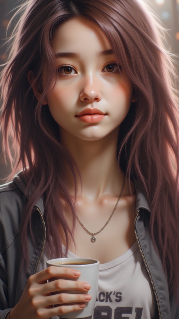 Zu gazes soulfully, clutching coffee, in morning light — ZU × ORI