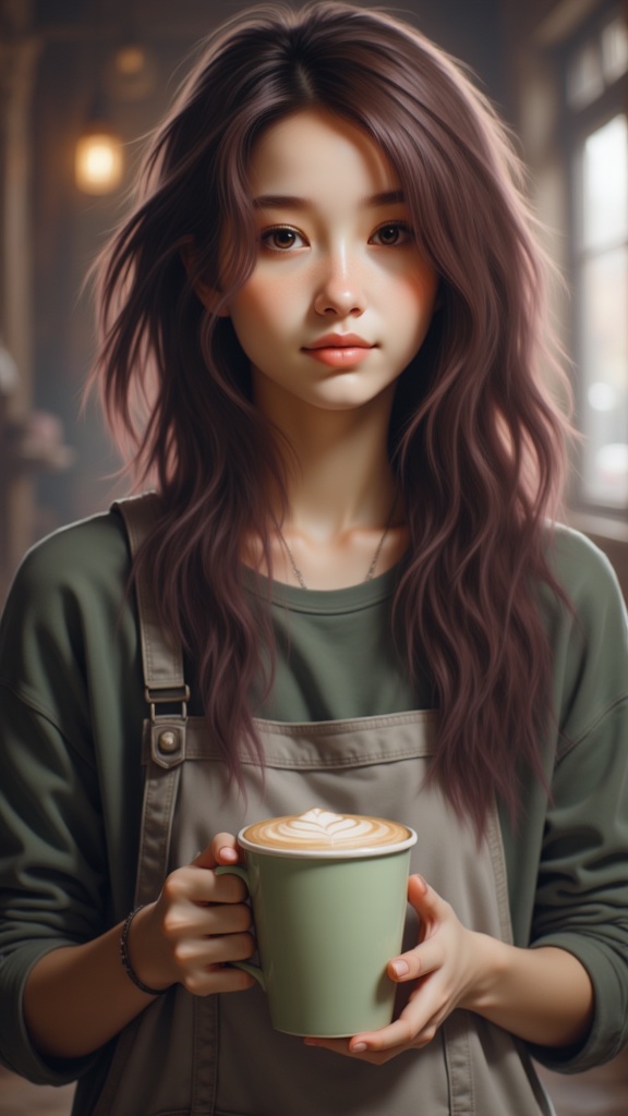 Zu holds a green coffee mug in cozy cafe ambiance — ZU × ORI