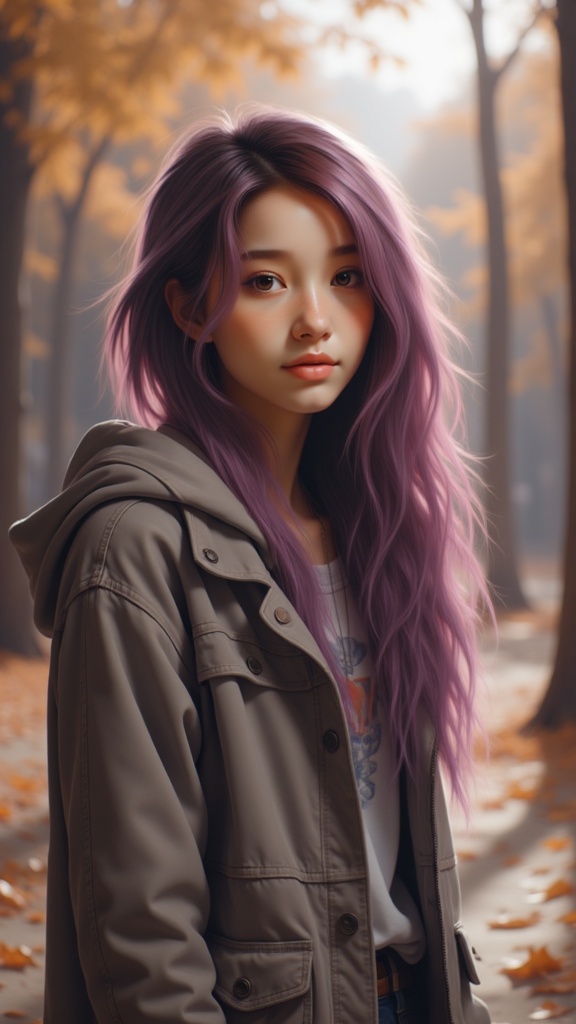 Zu stands amidst falling autumn leaves, hair lavender-tinted — ZU × ORI