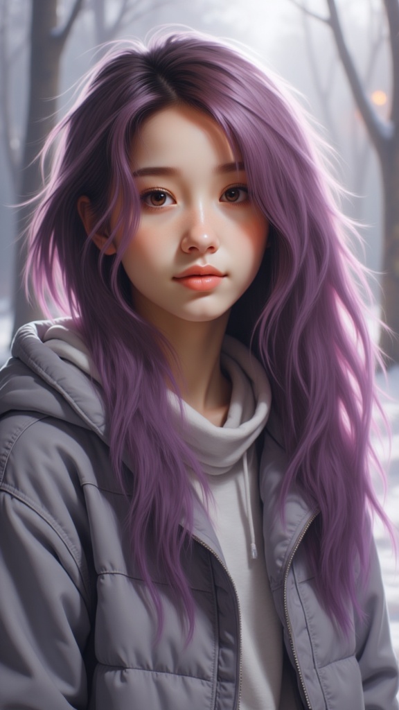 Zu gazes thoughtfully, purple hair flowing amid snowy trees — ZU × ORI