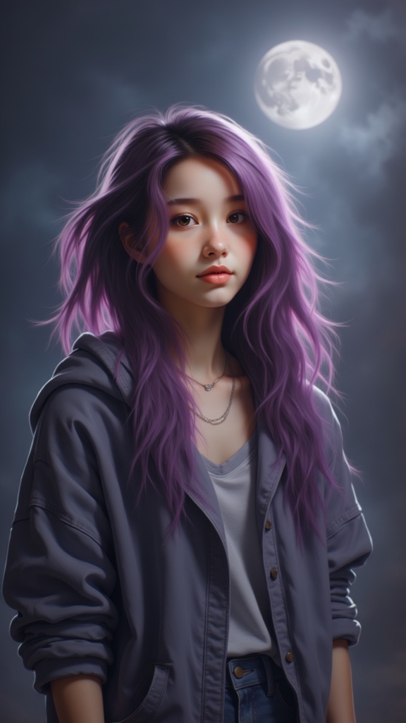 Zu stands in moonlight, purple hair flowing gently — ZU × ORI