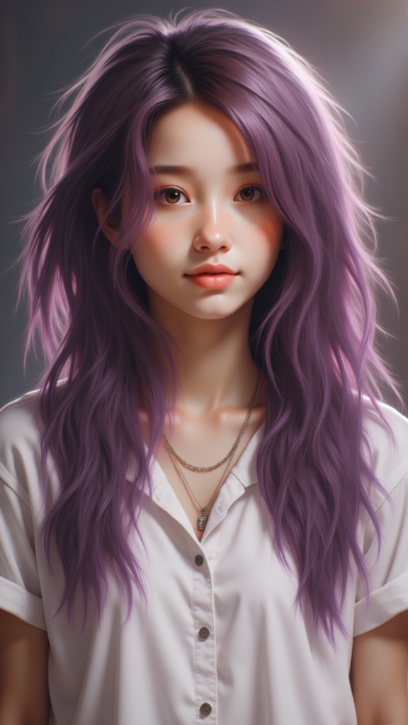 Zu gazes softly, purple hair flowing, wearing buttoned shirt — ZU × ORI