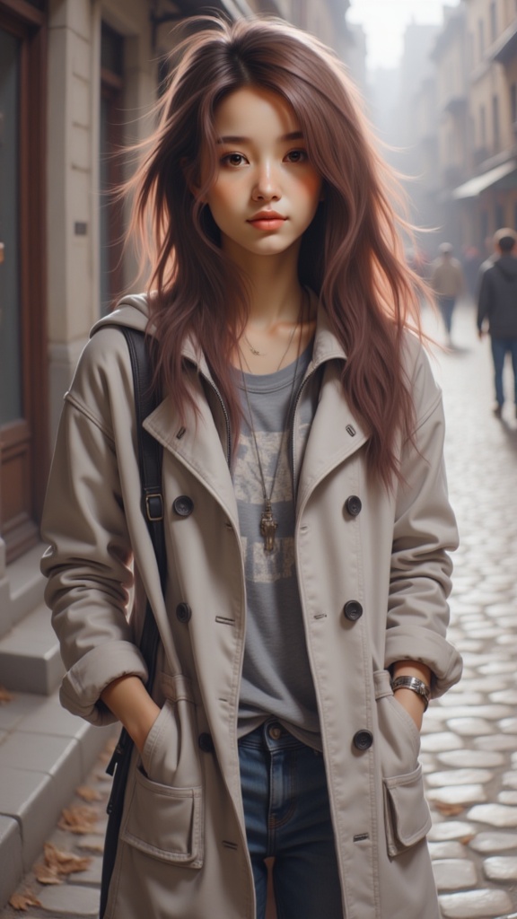 Zu stands stylishly in a charming cobblestone alleyway — ZU × ORI