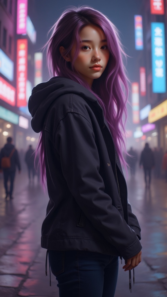 Zu with vibrant purple hair, city lights illuminating softly — ZU × ORI