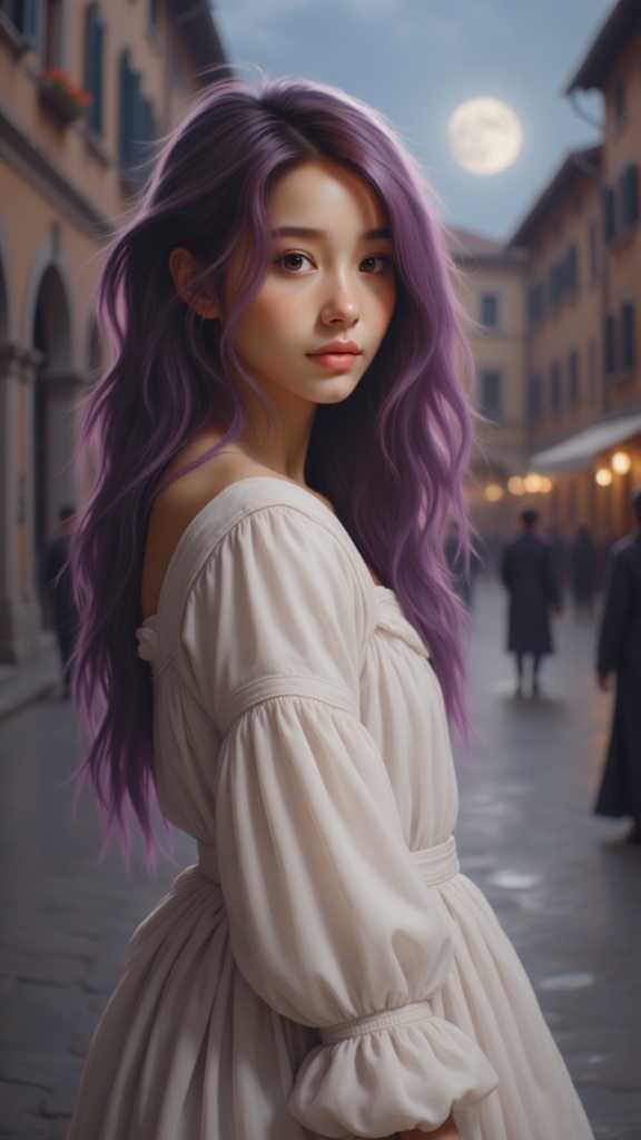 Zu gazes under moonlight, purple hair billowing softly — ZU × ORI