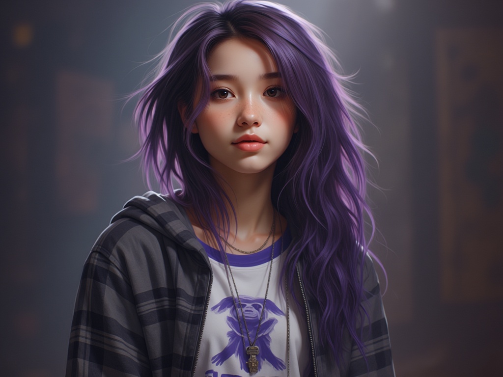 Zu with vibrant purple hair and stylish outfit — ZU × ORI