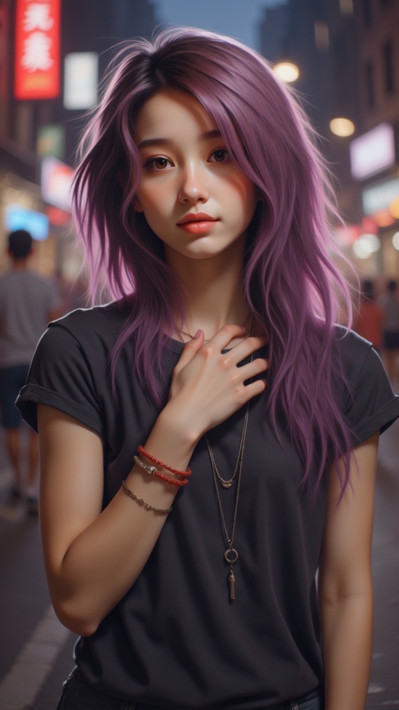 Zu stands under vibrant city lights with flowing lavender hair — ZU × ORI
