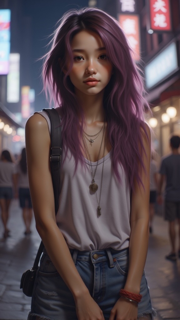 Zu stands in neon-lit alley, purple hair flowing — ZU × ORI