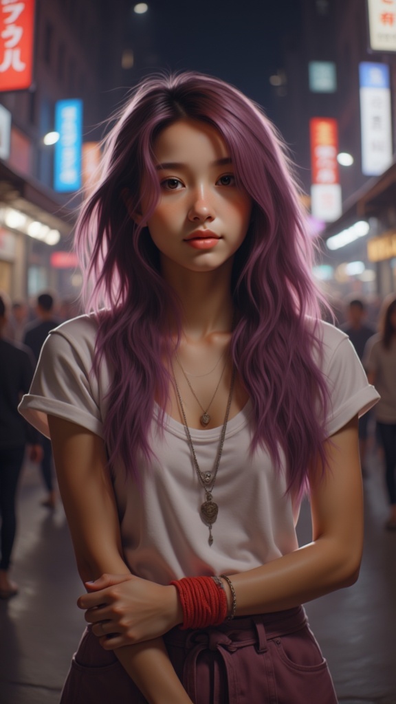 Zu stands amidst city lights, sporting purple hair — ZU × ORI