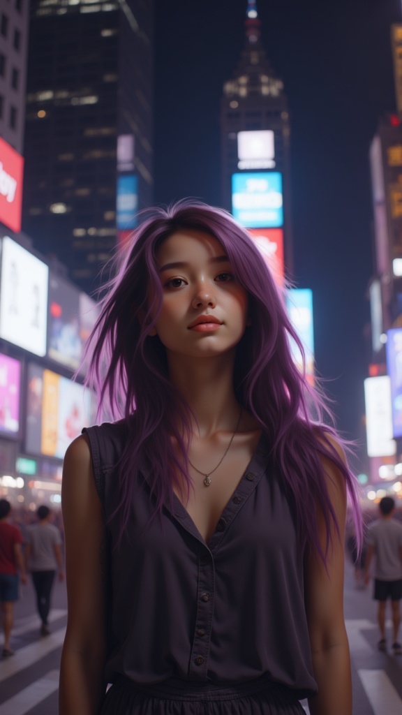 Zu stands confidently in Times Square, purple hair illuminated — ZU × ORI