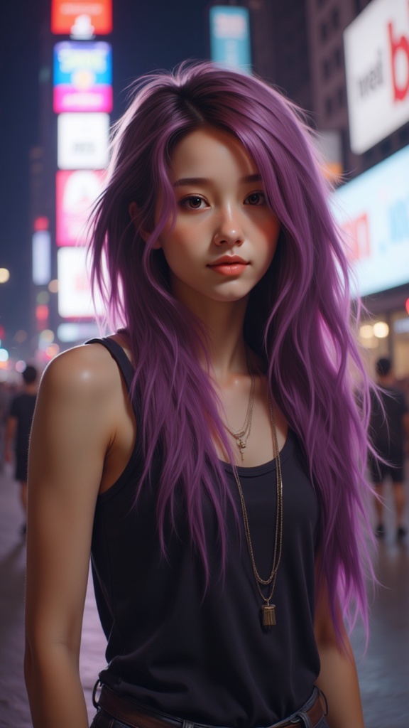 Zu with striking purple hair against neon city lights — ZU × ORI