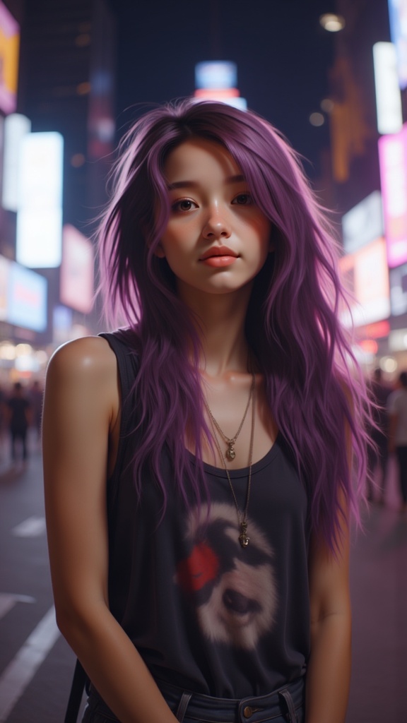 Zu stands confidently with purple hair in Times Square — ZU × ORI