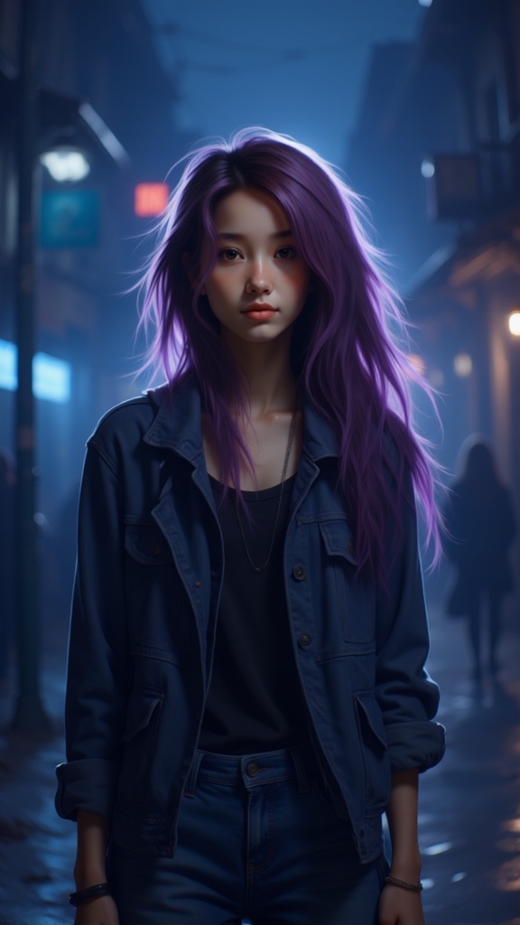 Zu stands in a mystical blue alley, her hair vibrant — ZU × ORI