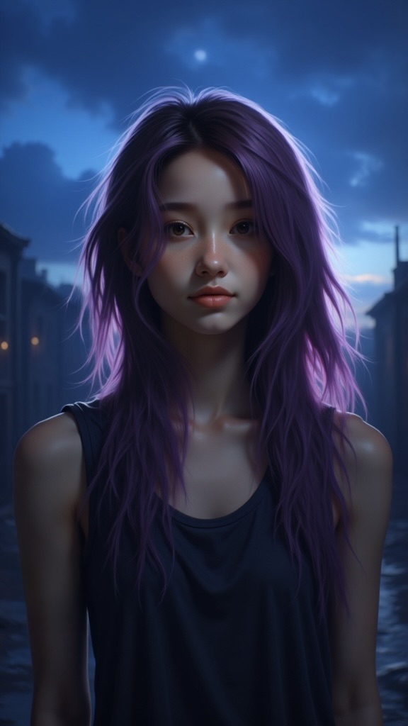 Zu stands in cool twilight, her purple hair glowing — ZU × ORI