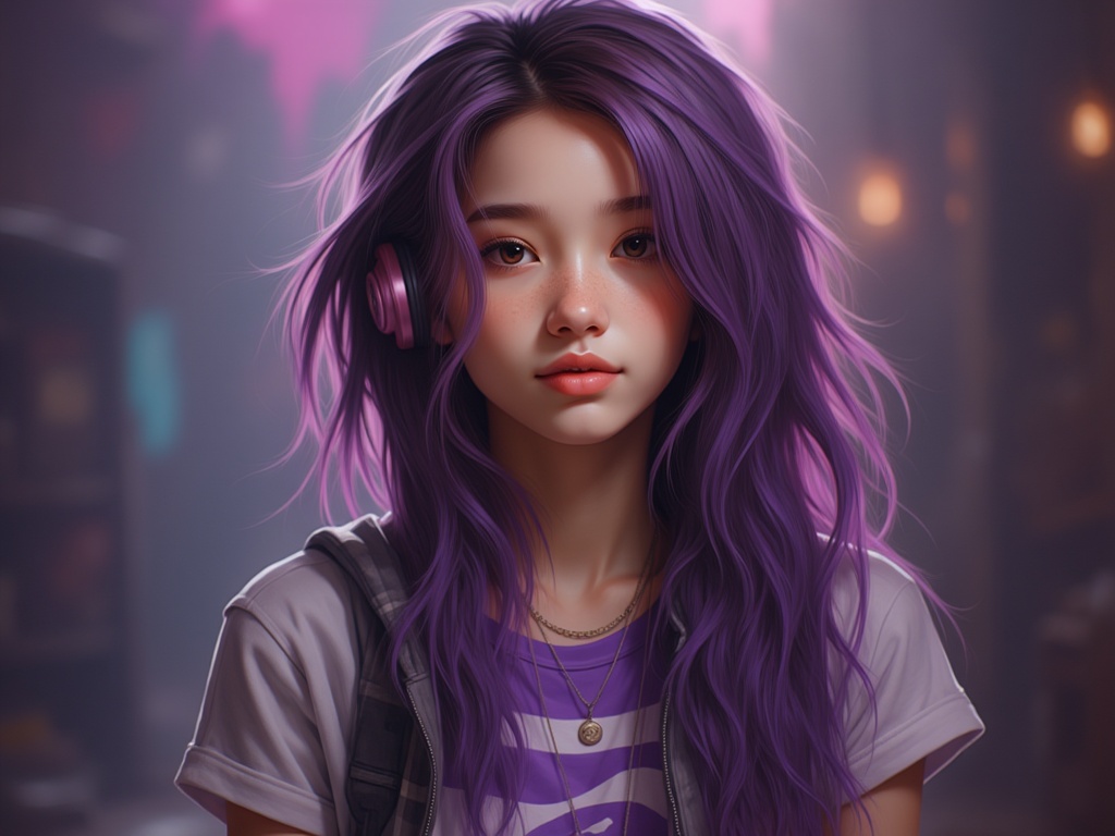 Zu with purple hair and headphones, stands in moody lighting — ZU × ORI