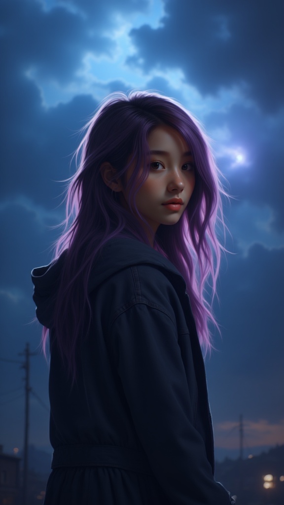 Zu gazes back, purple hair glowing under mystical night sky — ZU × ORI