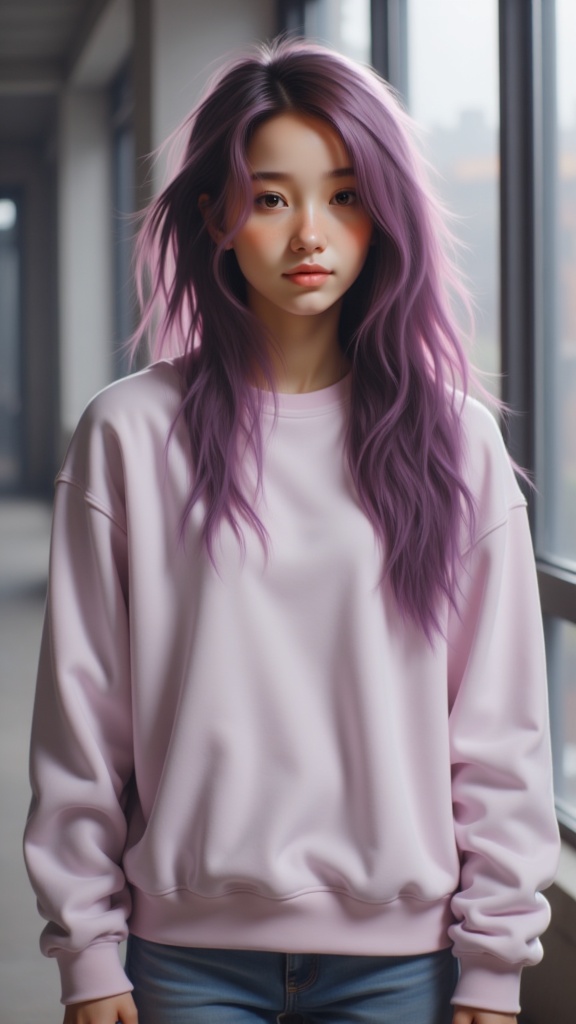 Zu stands in pastel sweater, with vibrant purple hair — ZU × ORI