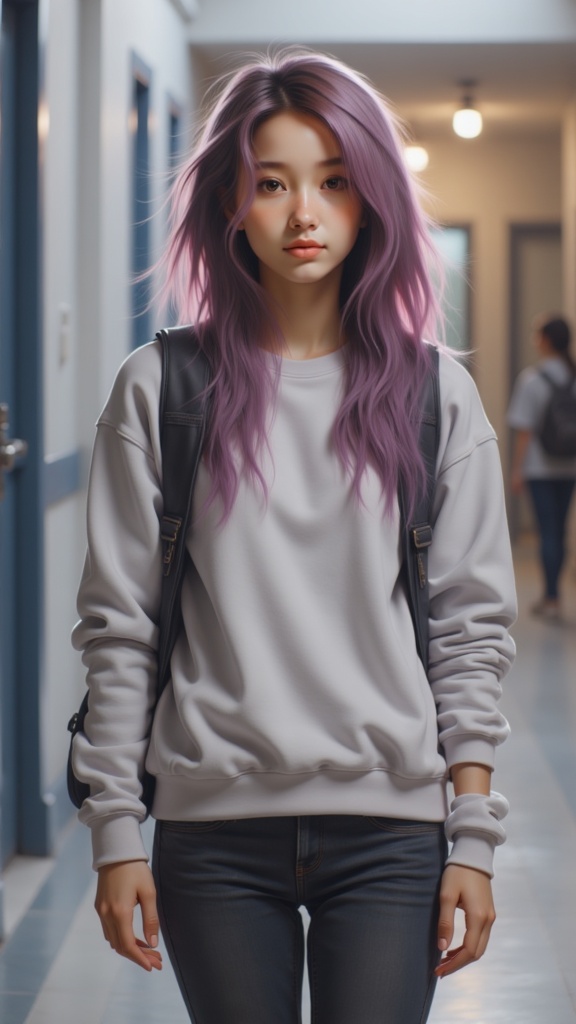 Zu walks confidently through school hallway, rocking purple hair — ZU × ORI