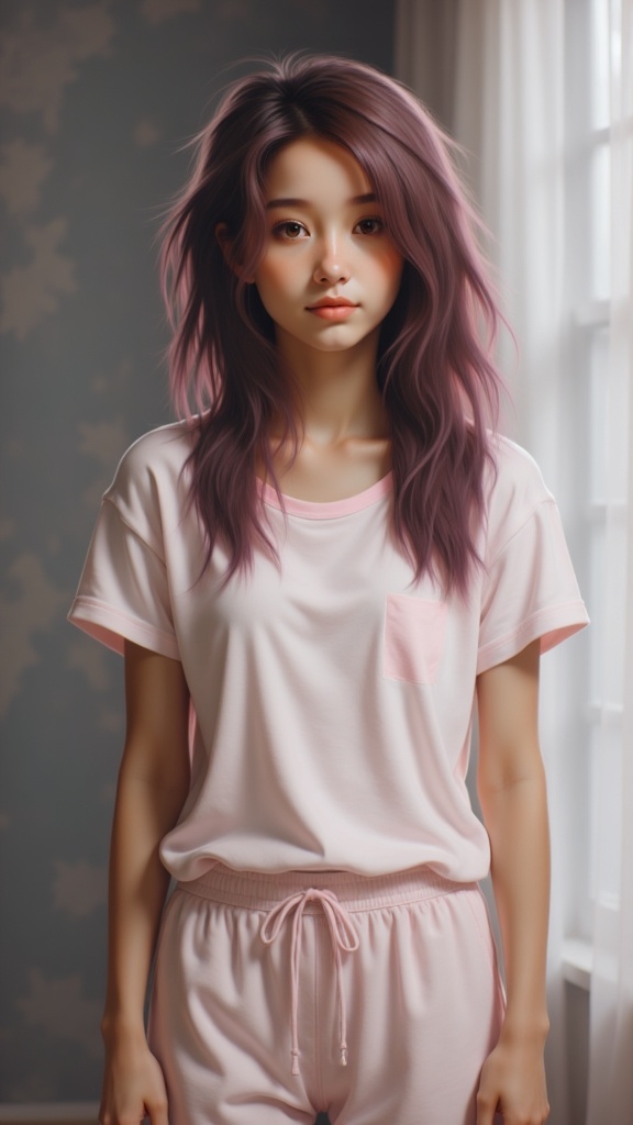 Zu stands softly in pastel pink attire by window — ZU × ORI
