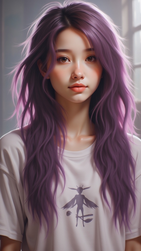 Zu with flowing purple hair wearing a whimsical tee — ZU × ORI