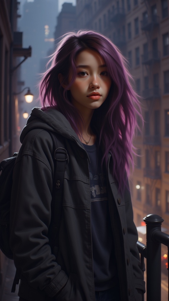 Zu stands on NYC fire escape, purple hair glowing — ZU × ORI