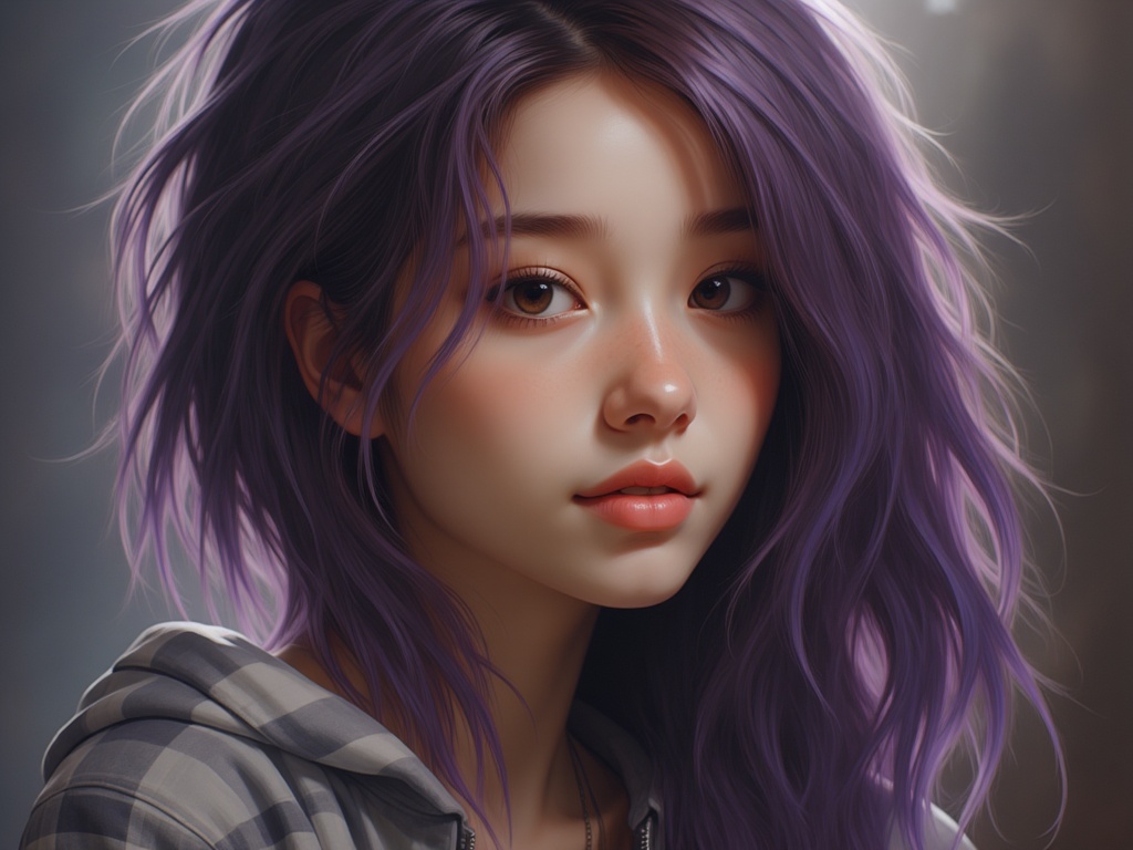 Zu gazes intensely, purple hair framing her gentle features — ZU × ORI
