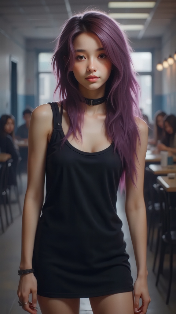 Zu standing confidently in a black dress, purple hair flowing — ZU × ORI