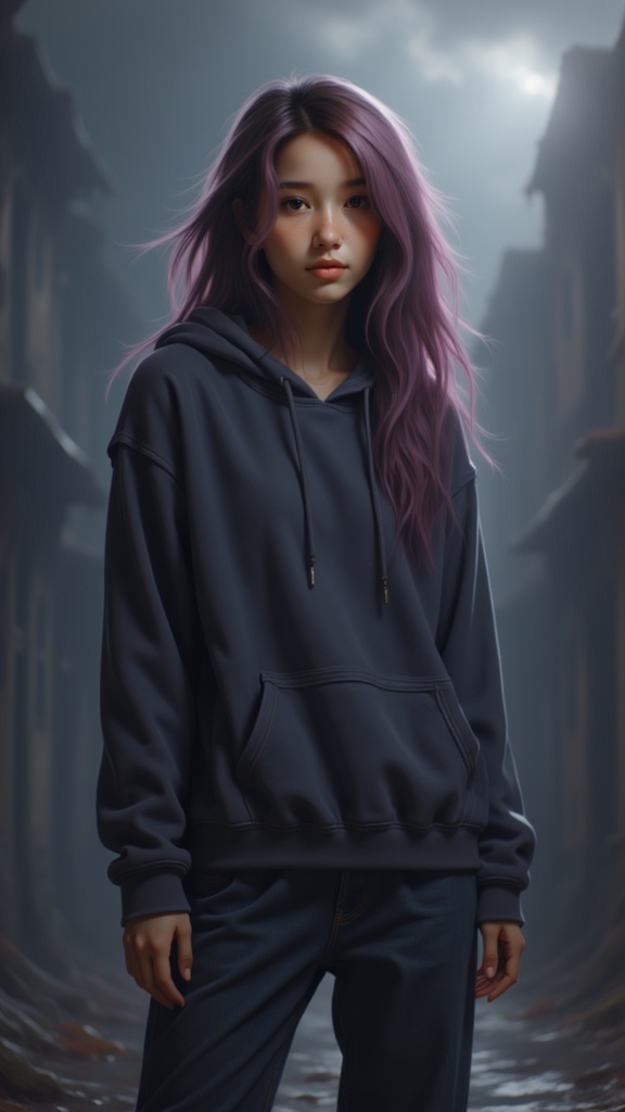 Zu stands confidently in misty alleyway, purple hair flowing — ZU × ORI