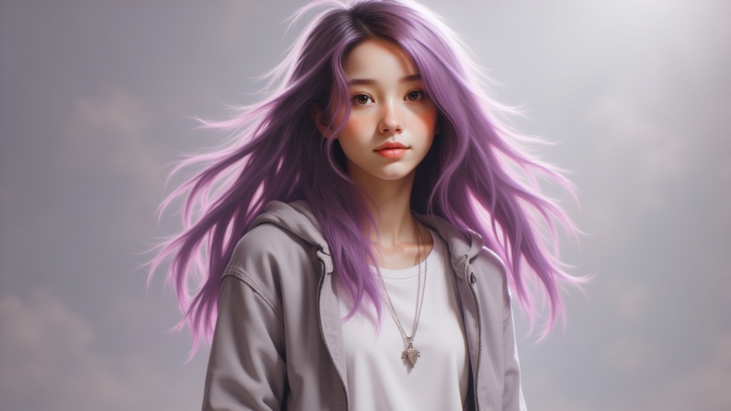 Zu with flowing lavender hair under soft, cloudy skies — ZU × ORI