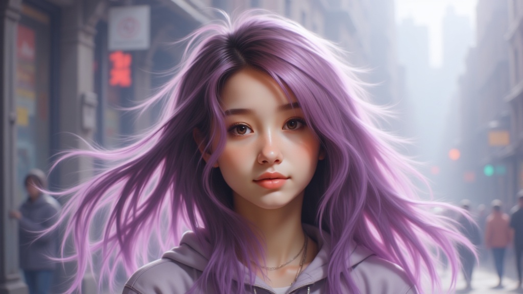 Zu strolls through bustling streets, purple hair flowing — ZU × ORI